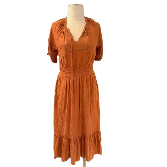 By The River Sheath Dress Womens Large Brown Pleated Tiered Tie Front Smocked - Picture 1 of 9